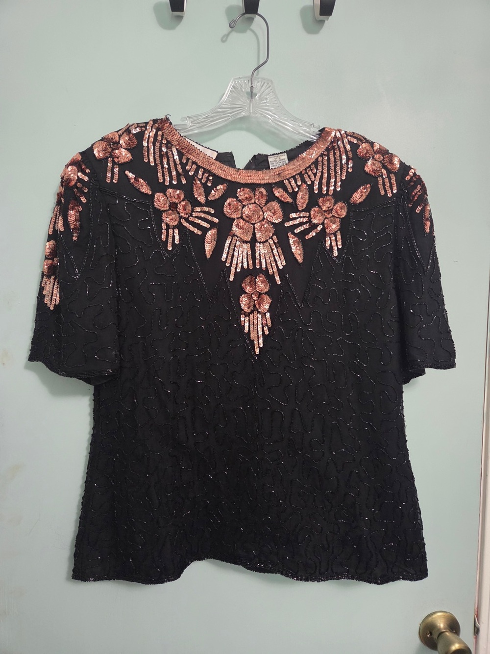 Laurence Kazar Black Short-Sleeve Top with Rose Gold Sequin Floral Accents